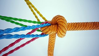 Coloured cords held together by a knotted orange rope